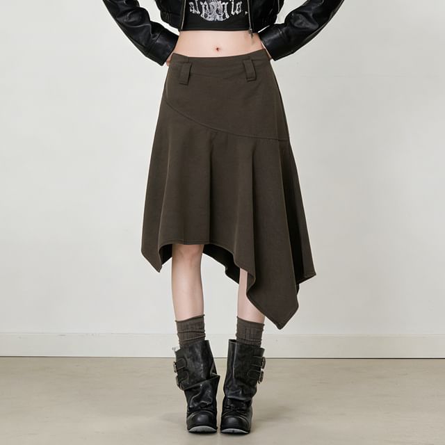 Plain Mid Waist Asymmetrical Midi A-Line Skirt
