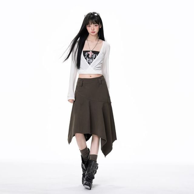Plain Mid Waist Asymmetrical Midi A-Line Skirt