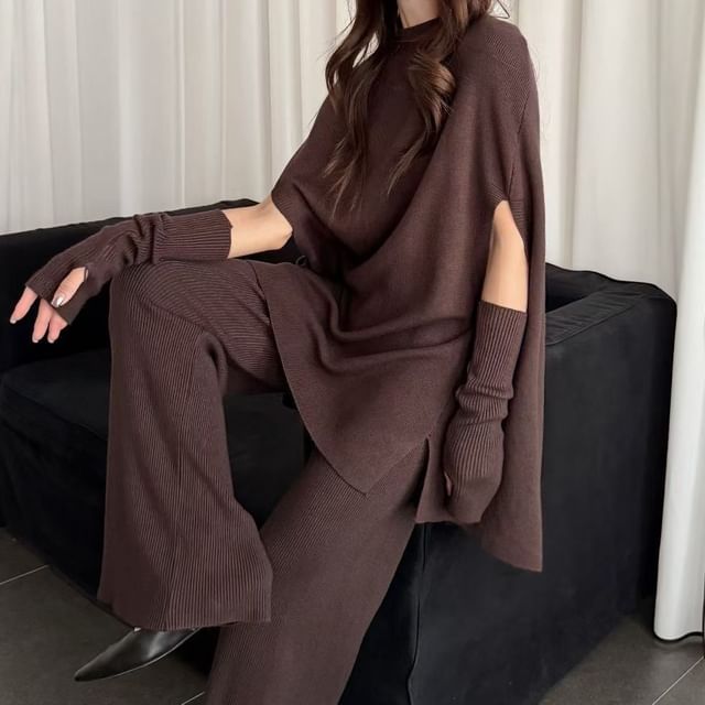 Mock Neck Cape Sweater with Flared Knit Pants and Arm Warmers