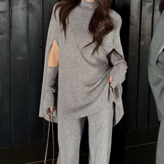 Mock Neck Cape Sweater with Flared Knit Pants and Arm Warmers