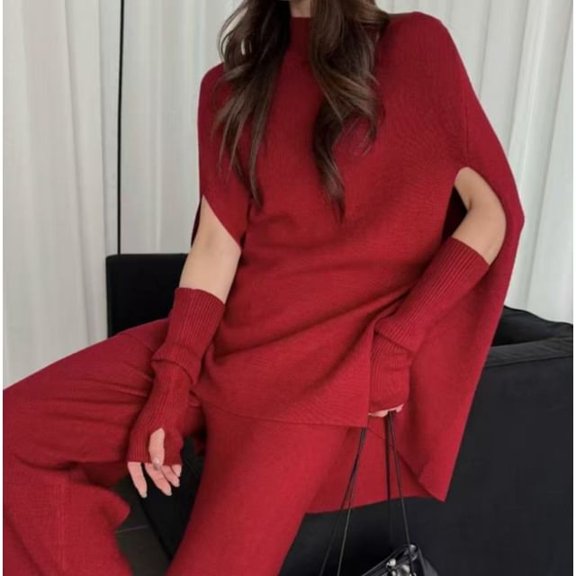 Mock Neck Cape Sweater with Flared Knit Pants and Arm Warmers
