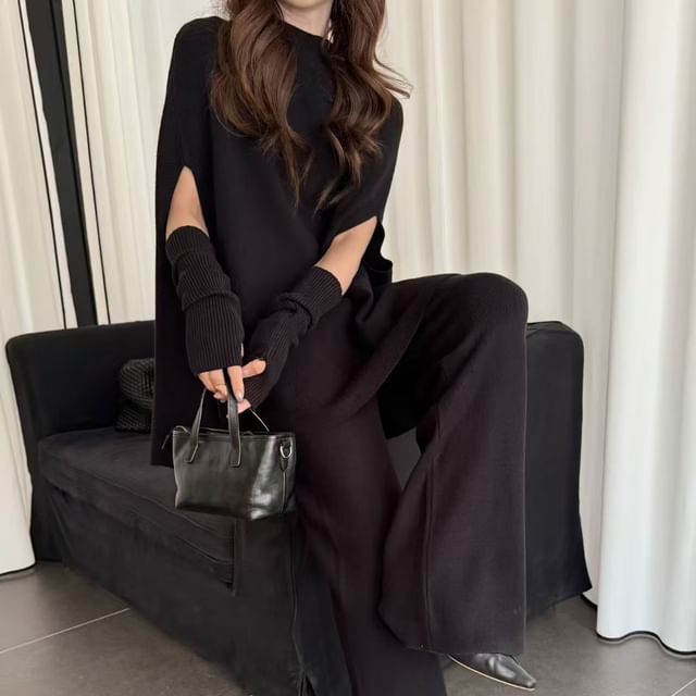 Mock Neck Cape Sweater with Flared Knit Pants and Arm Warmers