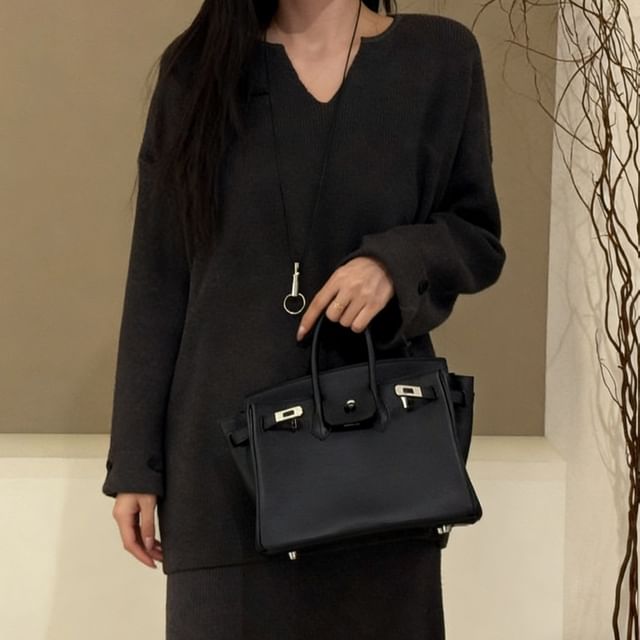 Notch Neck Sweater with High-Rise Knit Pencil Skirt Set