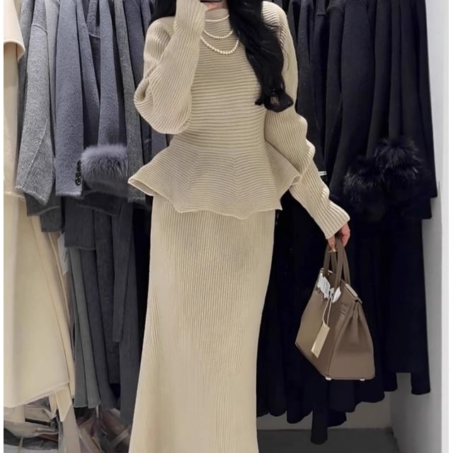 Peplum Ribbed Sweater with High-Rise Knit Pencil Skirt Set