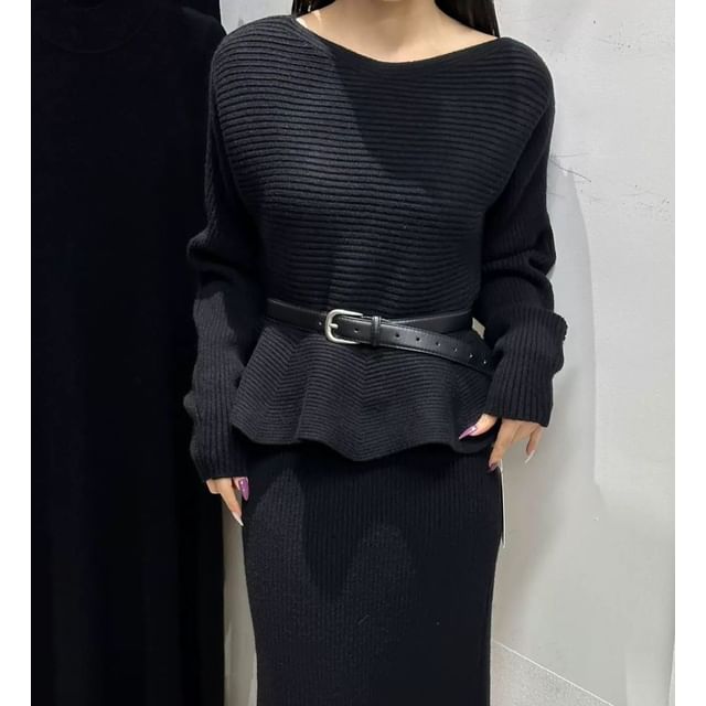 Peplum Ribbed Sweater with High-Rise Knit Pencil Skirt Set