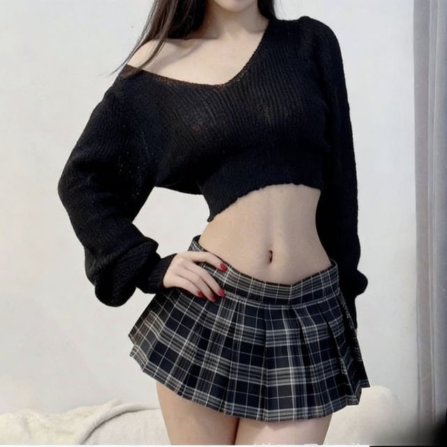 Off-Shoulder Crop Knit Top with Plaid Pleated Mini Skirt Set