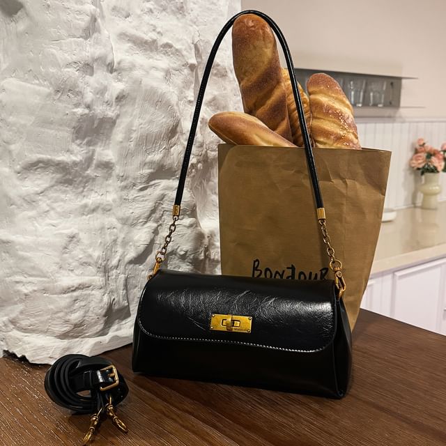 Plain Faux Leather Flap Shoulder Bag