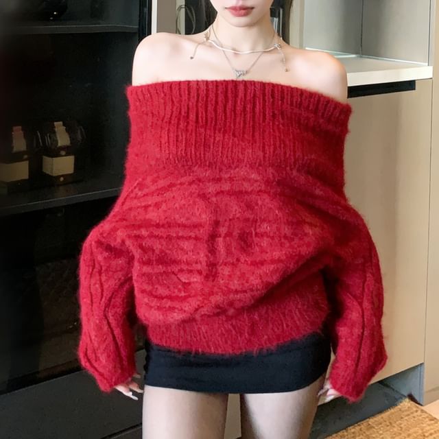 Off-Shoulder Cable-Knit Plain Sweater