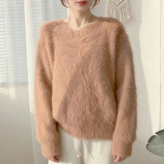 V-Neck Fluffy Soft Knit Sweater