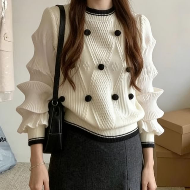 Crew Neck Sweater with Pom Pom Trim Panels
