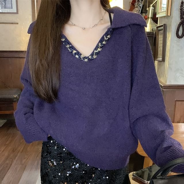 V-Neck Collared Knit Pullover