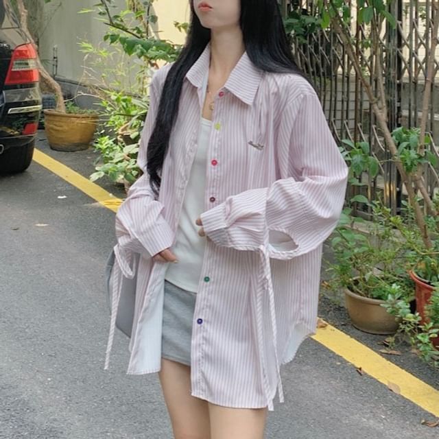 Striped Collared Long Sleeve Button-Up Shirt