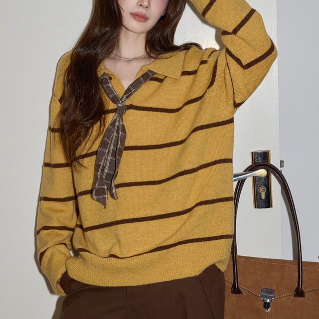 Oversized Striped Sweater with Collar and Scarf Set