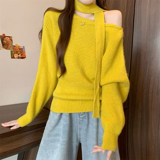 Asymmetric One-Shoulder Ribbed Knit Sweater