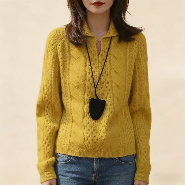 V-Neck Cable-Knit Polo Sweater