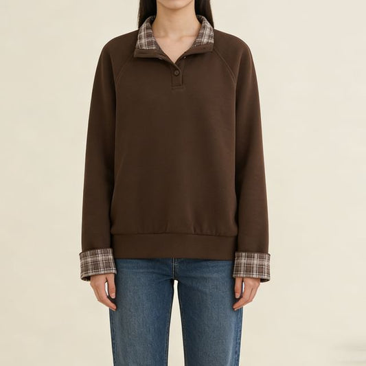 Plaid Panel Henley Mock Neck Sweatshirt