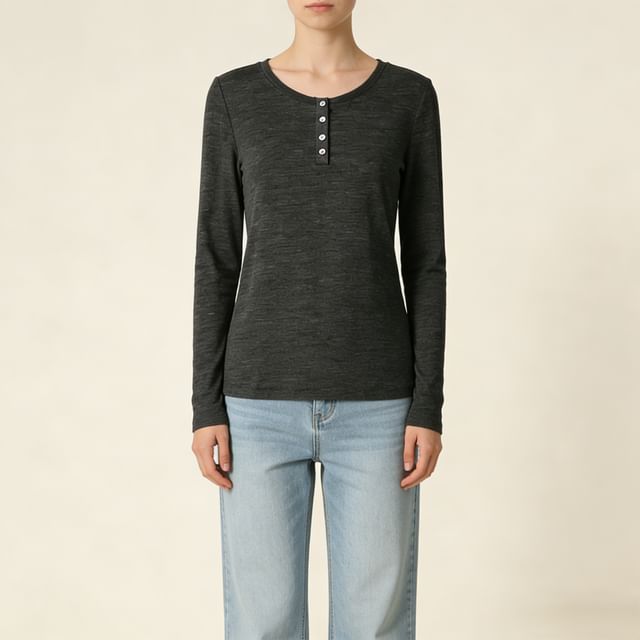 Scoop Neck Henley Long Sleeve Tee