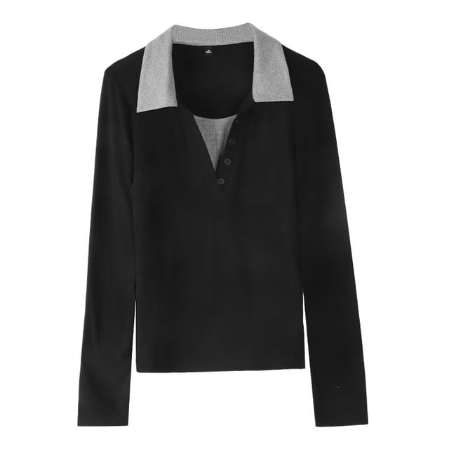 Collared Two-Tone Mock Two-Piece Fitted Top