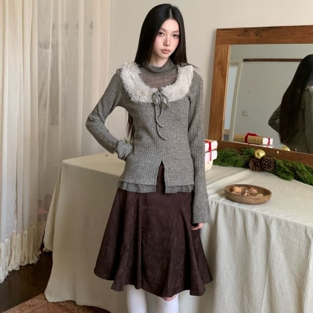 Two-Piece Fleece Panel Long Sleeve Knit Top
