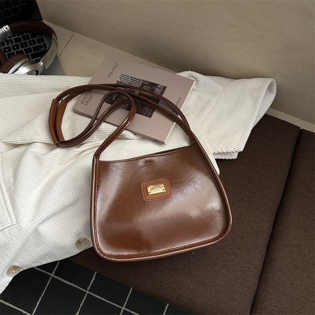 Faux Leather Metal Plaque Shoulder Bag