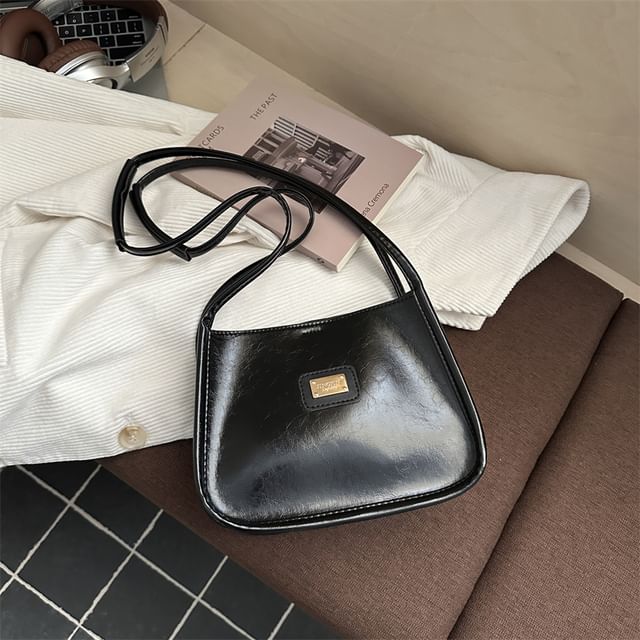 Faux Leather Metal Plaque Shoulder Bag