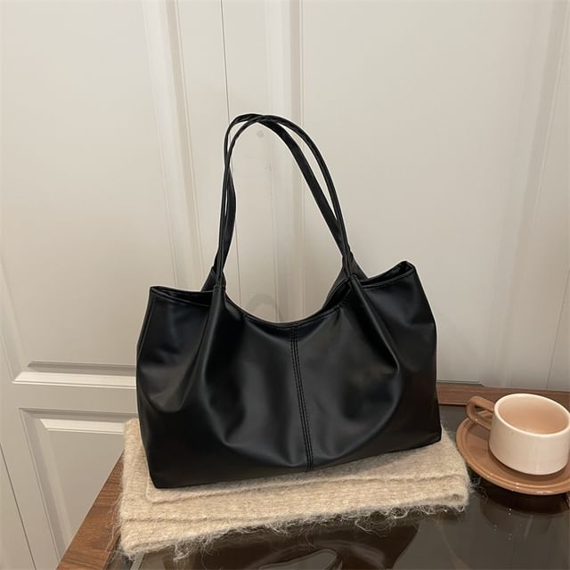 Faux Leather Plain Shoulder Bag