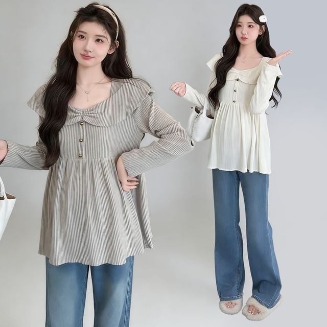 Maternity Square Neck Peplum Ribbed Top with Buttons