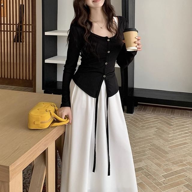 Set: Plain Long Jacket + Sleeveless Maxi A-Line Dress