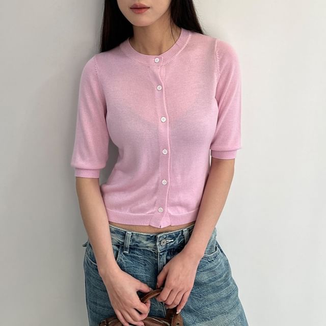 Elbow-Sleeve Crew Neck Button-Up Plain Crop Cardigan