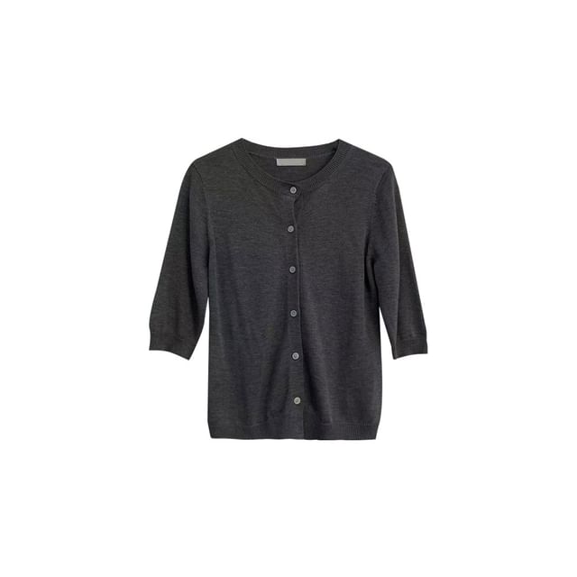 Elbow-Sleeve Crew Neck Button-Up Plain Crop Cardigan