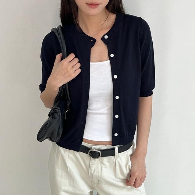 Elbow-Sleeve Crew Neck Button-Up Plain Crop Cardigan