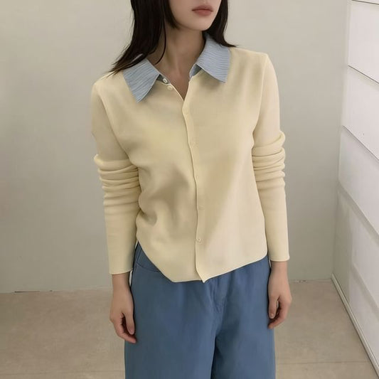 Collar Plain Mock Two-Piece Cardigan