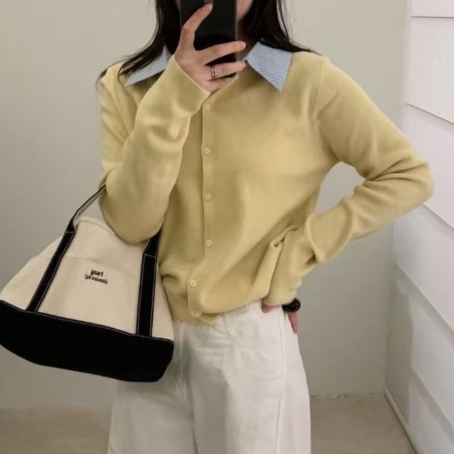 Collar Plain Mock Two-Piece Cardigan
