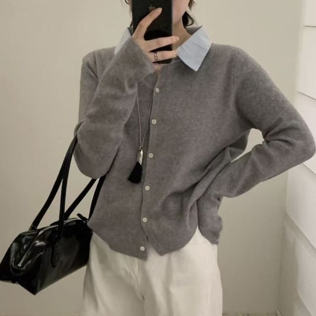 Collar Plain Mock Two-Piece Cardigan