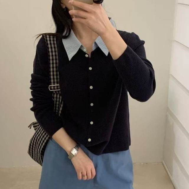 Collar Plain Mock Two-Piece Cardigan
