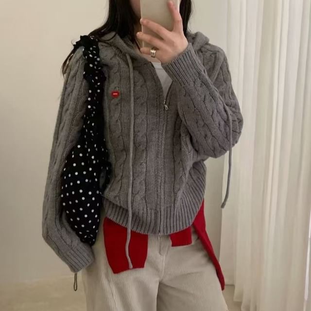 Plain Hooded Cable-Knit Zip Cardigan