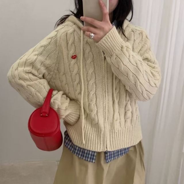 Plain Hooded Cable-Knit Zip Cardigan