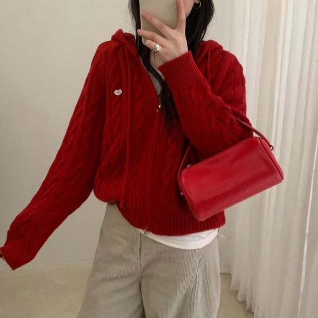 Plain Hooded Cable-Knit Zip Cardigan