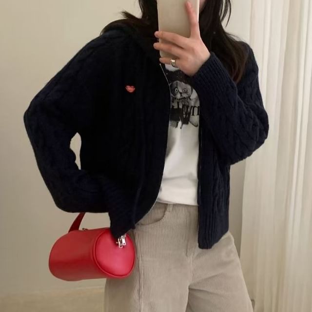 Plain Hooded Cable-Knit Zip Cardigan