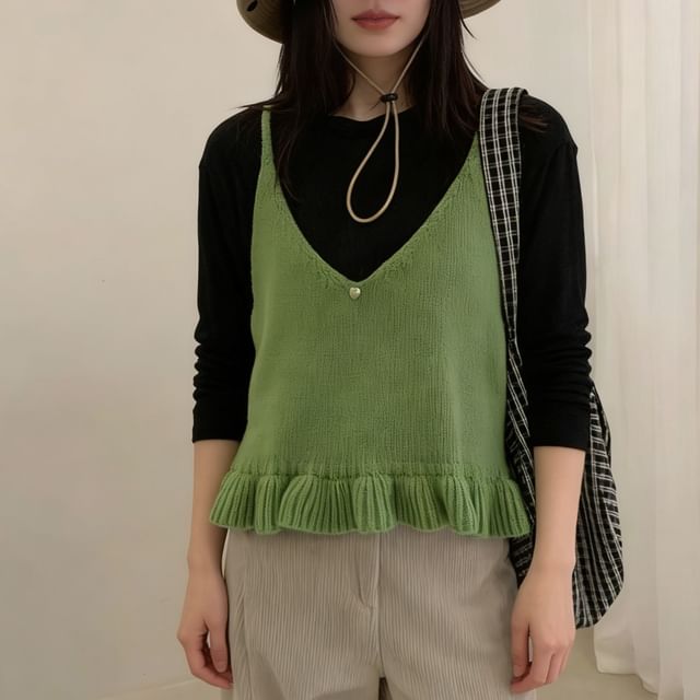 Ruffled Knit V-Neck Cami