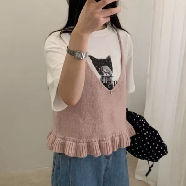 Ruffled Knit V-Neck Cami
