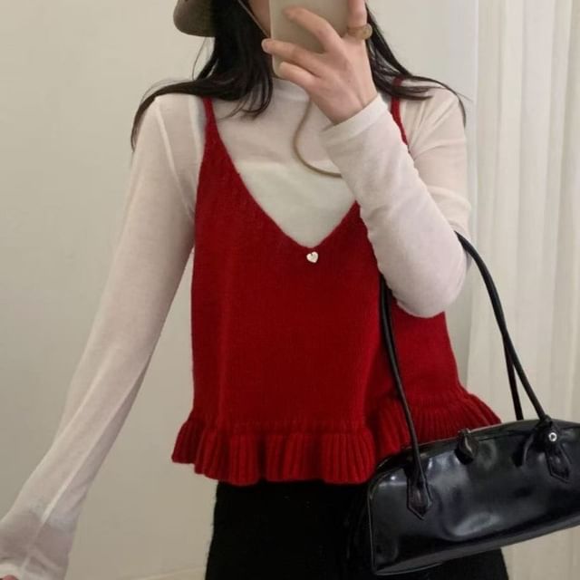 Ruffled Knit V-Neck Cami