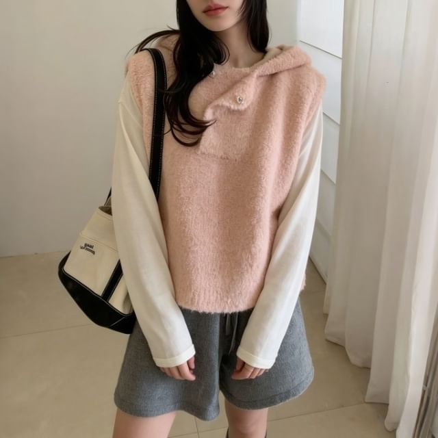 Hooded Knit Henley Sweater Vest