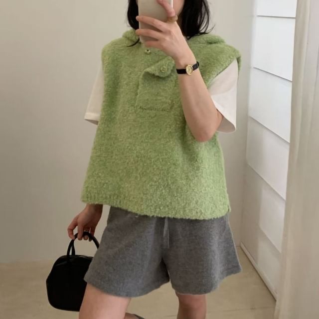 Hooded Knit Henley Sweater Vest