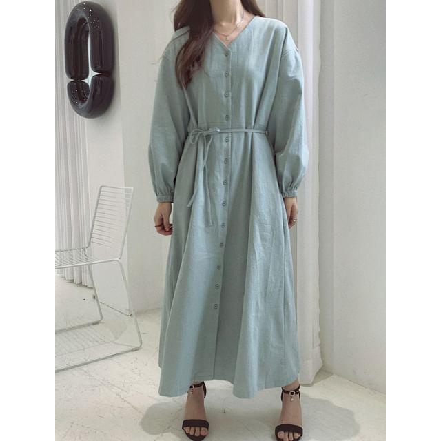Puff-Sleeve V-Neck Plain Maxi Smock Dress