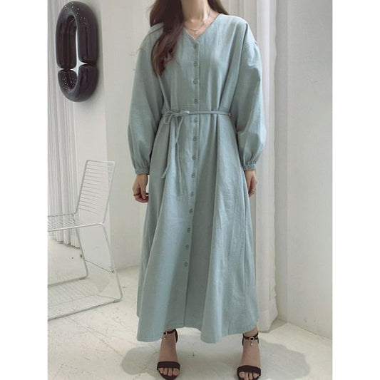 Puff-Sleeve V-Neck Plain Maxi Smock Dress