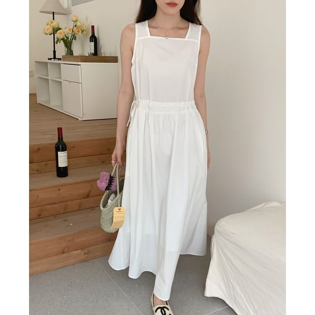 Sleeveless Square Neck Plain Drawstring Maxi Sundress