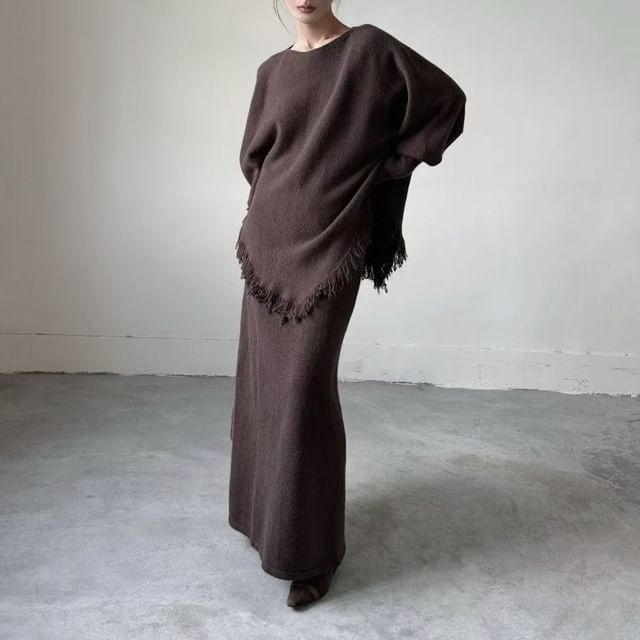 Boat-Neck Fringed Knit Set with High-Rise Maxi Skirt