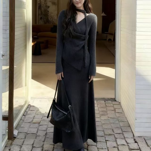 V-Neck Knit Top and Maxi A-Line Skirt Set with Scarf