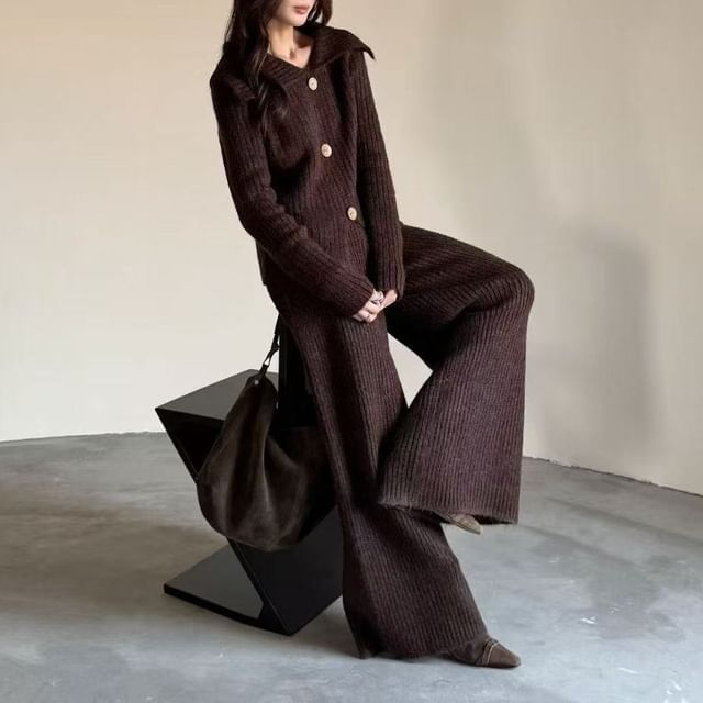 Wide-Collar Slit Knit Top Paired with Wide-Leg Trousers